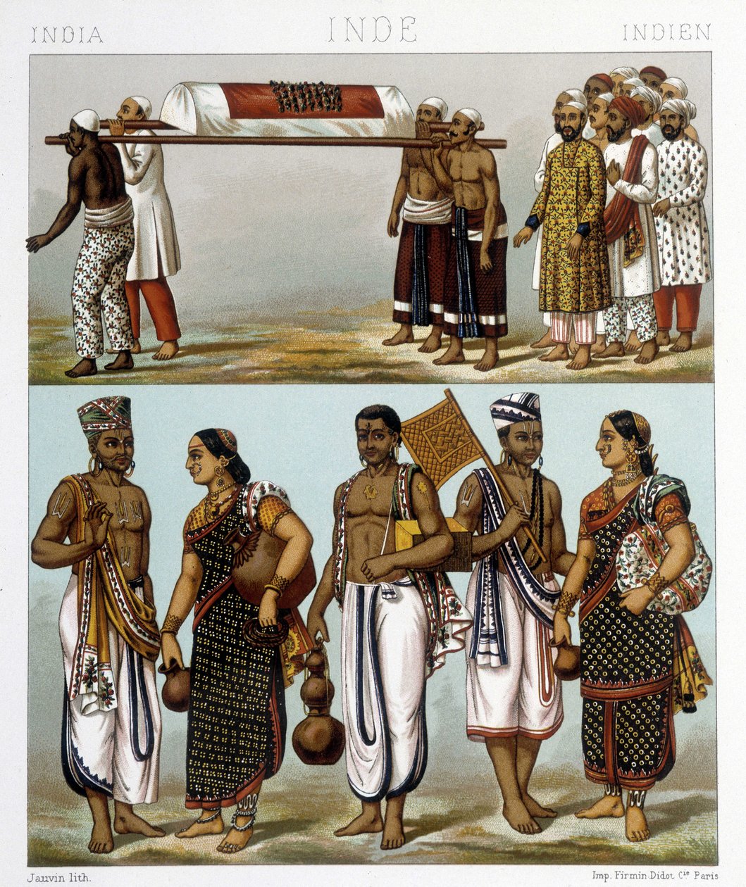 Traditionella dräkter av muslimer (överst på bilden) och hinduer (nederst) som bor i Indien. Illustration i "" Le costume historique"" av Racinet av Albert Charles August Racinet