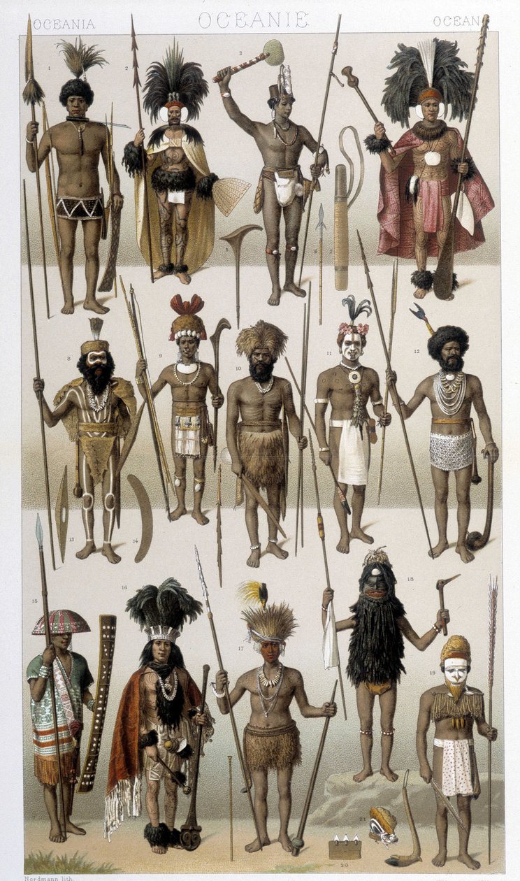 Traditionella dräkter av ursprungsbefolkningen i Oceanien. Illustration i "" Le costume historique"" av Racinet av Albert Charles August Racinet