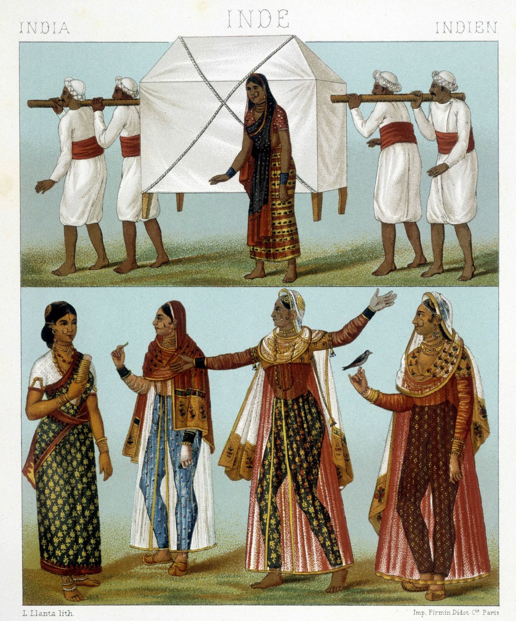 Transport och traditionella feminina dräkter. Illustration i "" Le costume historique"" av Racinet av Albert Charles August Racinet