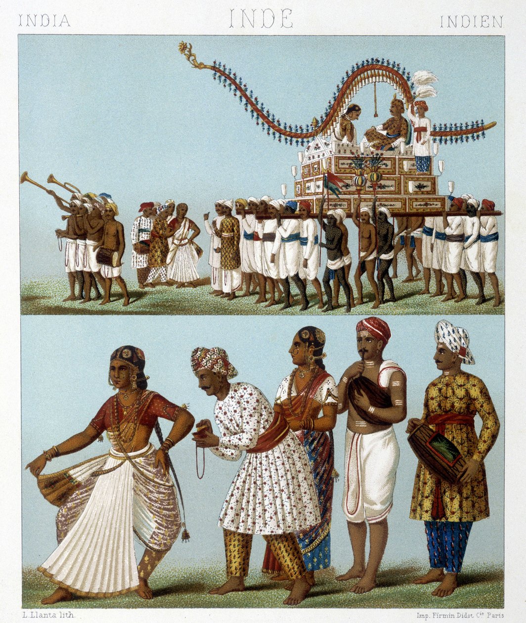 Transport, musik, dans och traditionella kostymer i Indien. Illustration i "" Le costume historique"" av Racinet av Albert Charles August Racinet