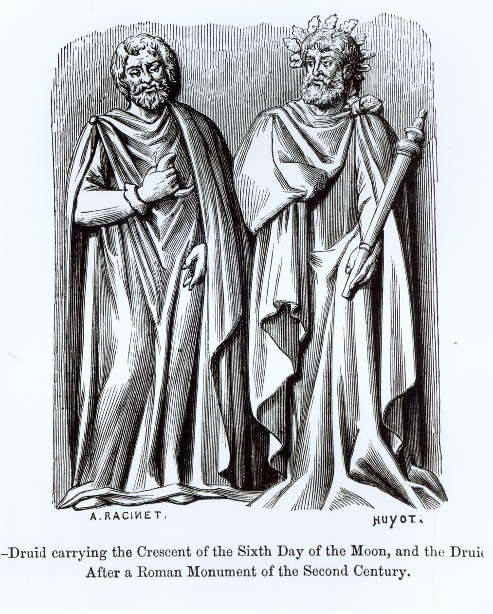 Två druider, en bär halvmånen av sjätte måndagen, efter ett romerskt monument från andra århundradet, illustration från vetenskap och litteratur under medeltiden och renässansen, skriven av Albert Charles August Racinet