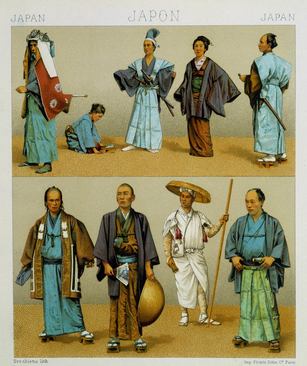 Olika traditionella japanska herrkostymer inklusive kimono. Kromolitografisk platta - i "" Le costume historique"" av Racinet av Albert Charles August Racinet