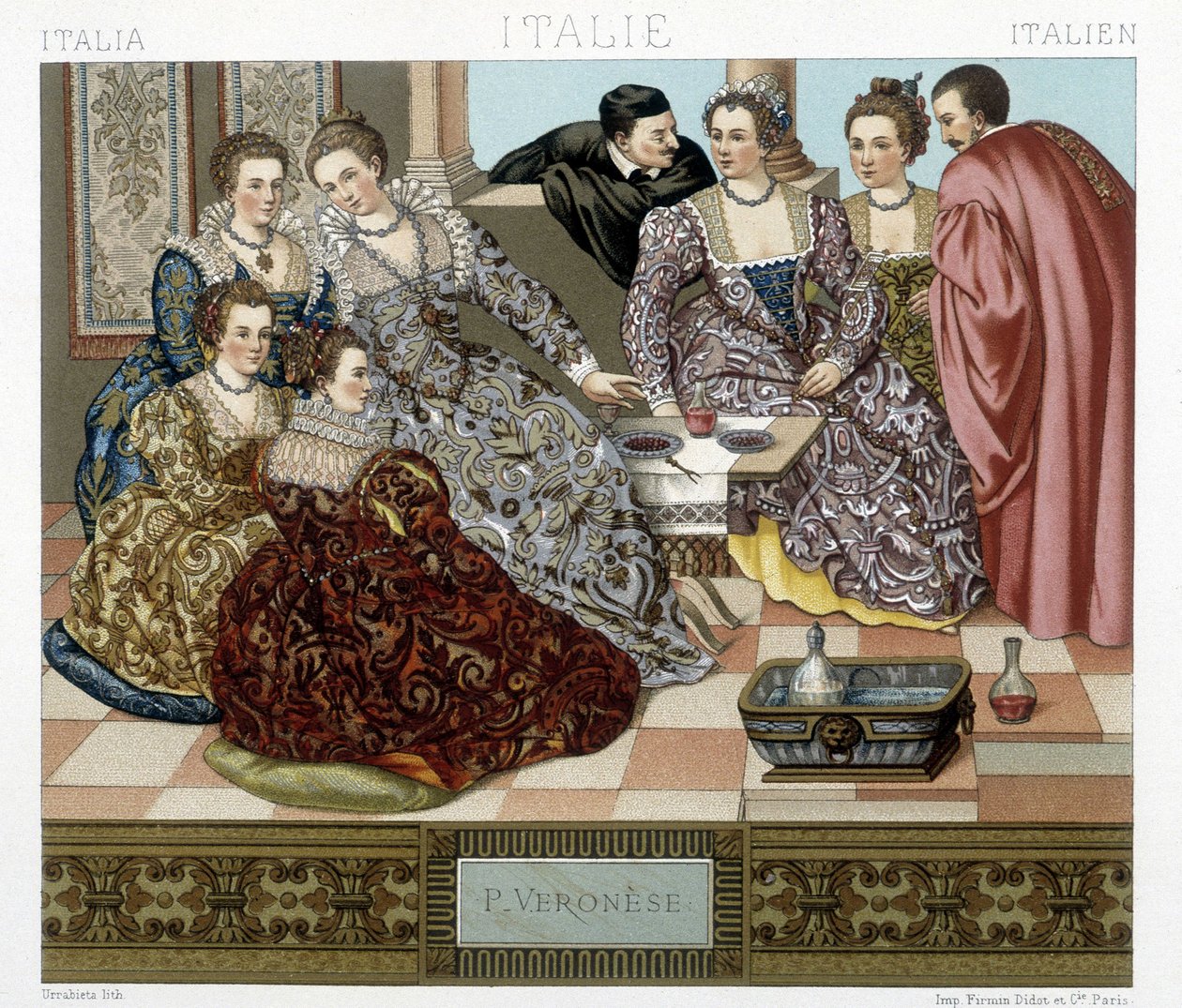 Venetianska dräkter från 1600-talet. Illustration i "Den historiska kostymen" av Racquet av Albert Charles August Racinet