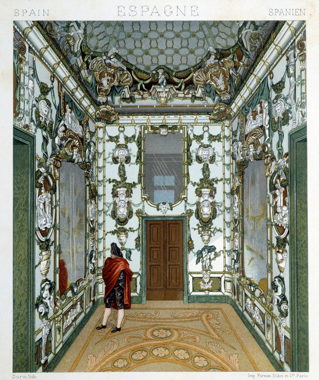 Vy över en man inne i det kungliga palatset i Madrid. Kromolitografisk platta - i "" Le costume historique"" av Racinet av Albert Charles August Racinet
