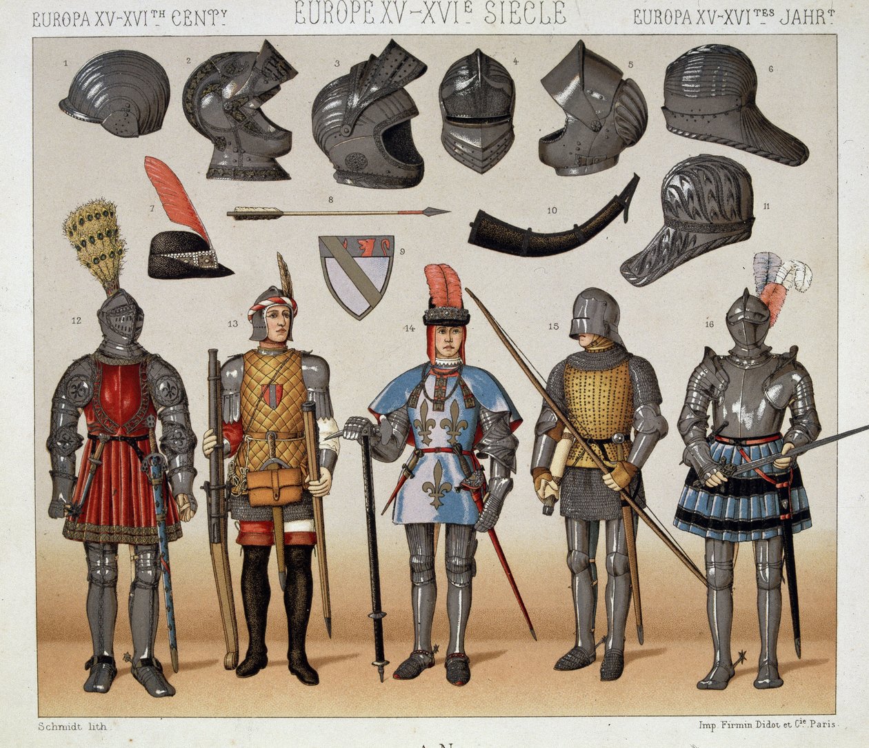 Krigare på 1400- och 1600-talet - i "" Le costume historique"" av Racinet av Albert Charles August Racinet