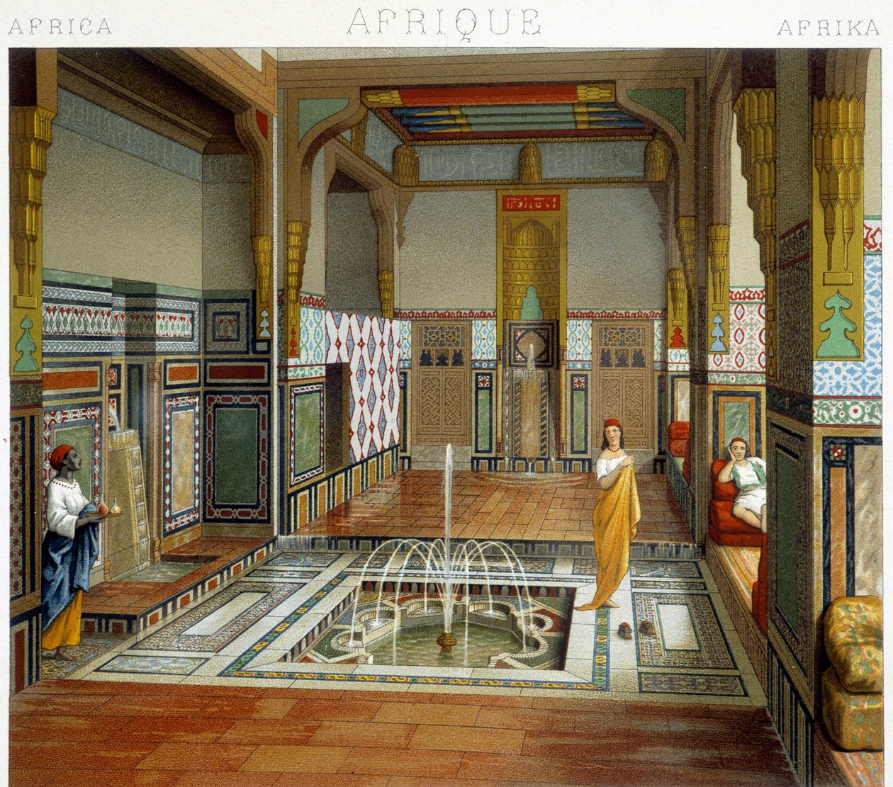 Kvinnan och hennes tjänare är bredvid en fontän i ett hus i Kairo (Egypten). Kromolitografisk platta - i "" Le costume historique"" av Racinet av Albert Charles August Racinet