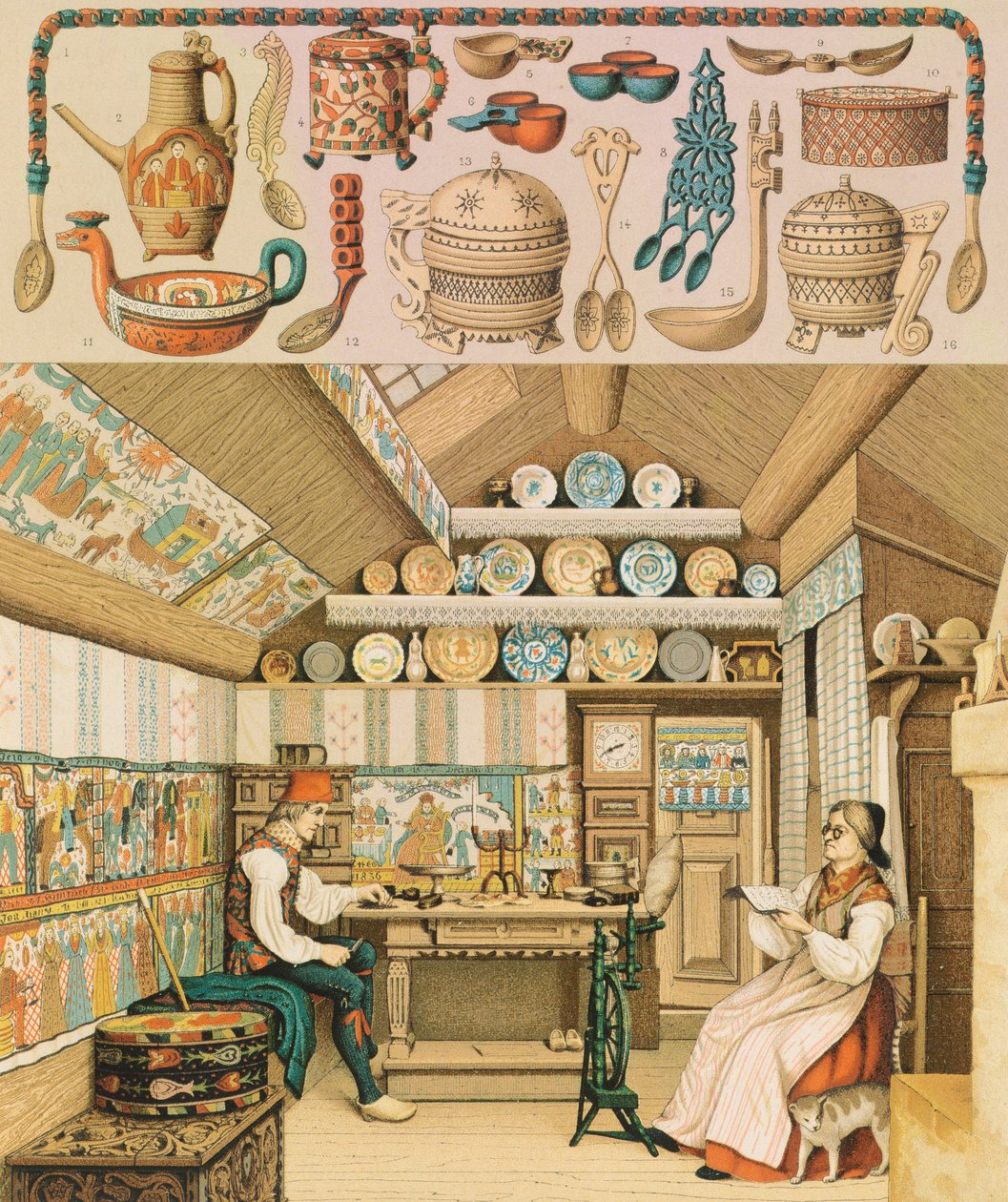 Trähus i Sverige, Illustration från The Complete Costume History av Racinet Auguste av Albert Charles August Racinet