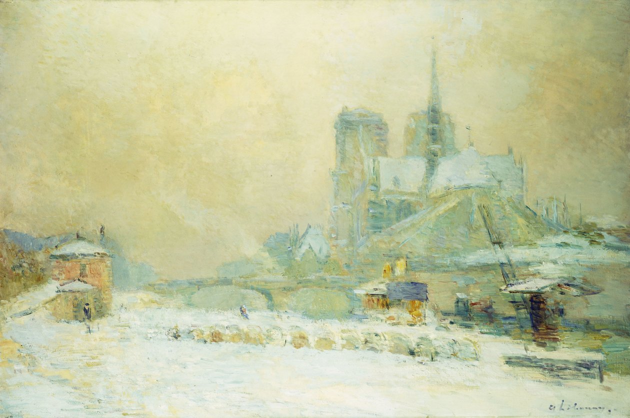 Utsikt över Notre Dame, Paris, från Quai de la Tournelle: Snöeffekt; Notre Dame de Paris, Utsikt från Quai de la Tournelle, Snöeffekt, av Albert Charles Lebourg
