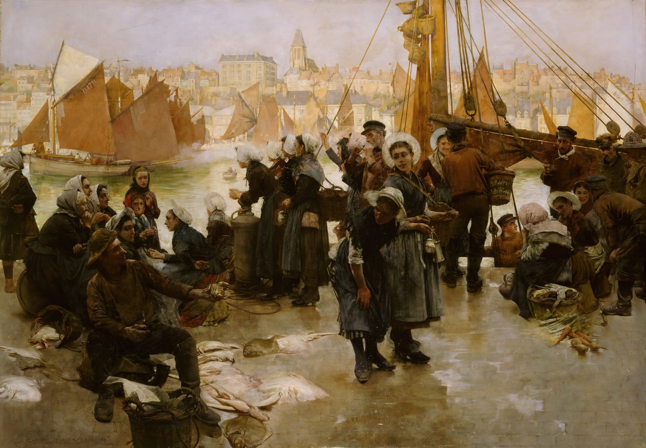 Fiskeflottans avgång, Boulogne, 1891. av Albert Chevallier Tayler
