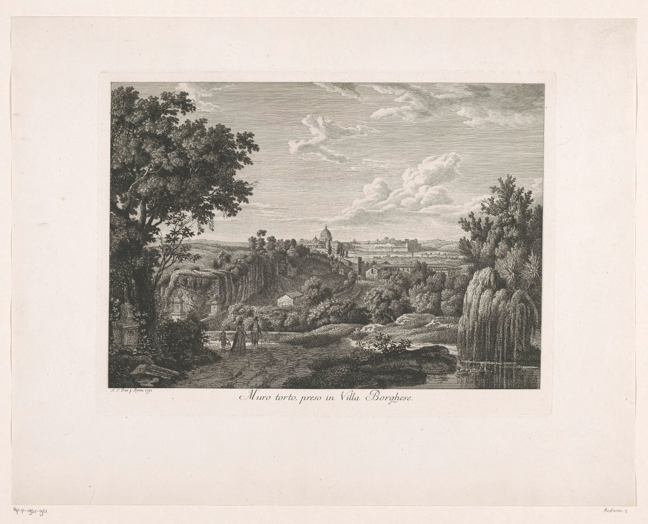 Övervuxen mur vid Villa Borghese Muro torto, preso i Villa Borghese (titel på objekt) Malerisch radirte Prospekt aus Italien (serietitel) av Albert Christoph Dies