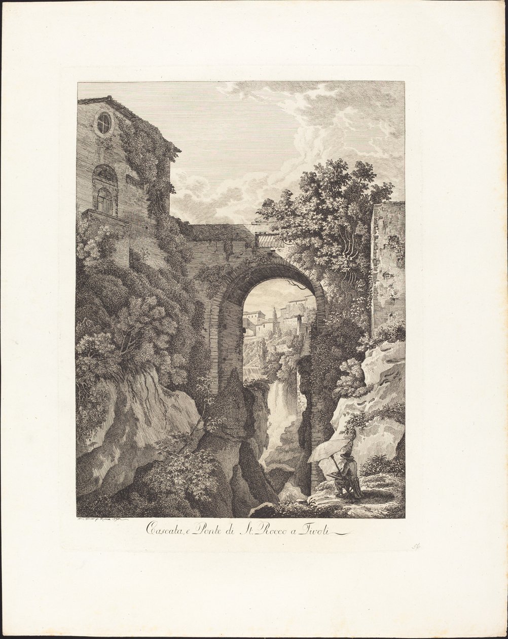 Vattenfall och Ponte di San Rocco i Tivoli av Albert Christoph Dies