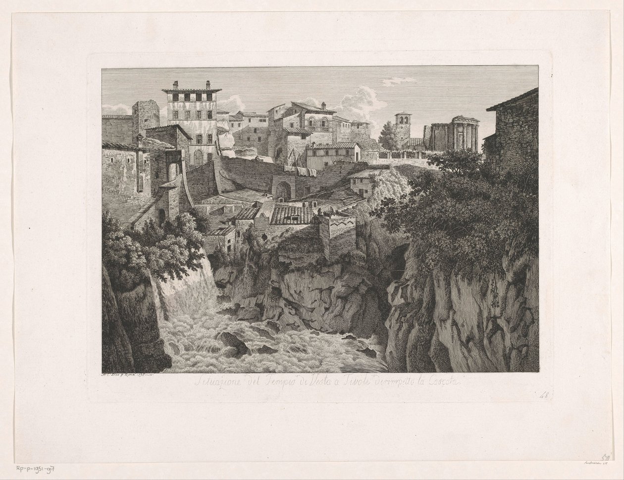 Utsikt över Tivoli, med Vestatemplet i fjärran Situazione del Tempio di Vesta a Tivoli dirimpetto la Cascata (titel på objekt) Malay radirte Prospekte aus Italien (serietitel) av Albert Christoph Dies