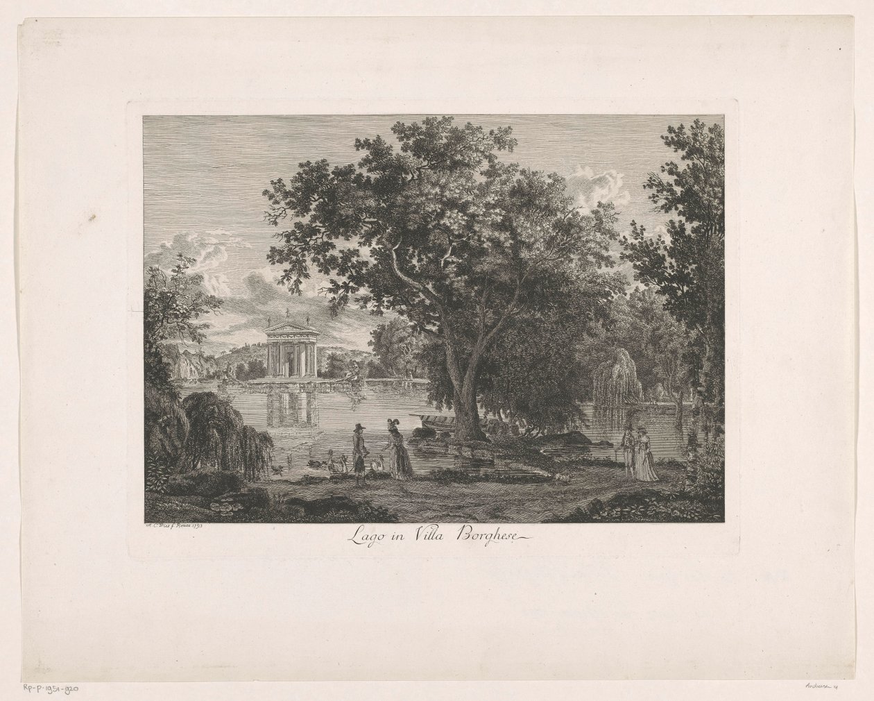Utsikt över sjön vid Villa Borghese Lago i Villa Borghese (titel på objekt) Malerisch radirte Prospekt aus Italien (serietitel) av Albert Christoph Dies