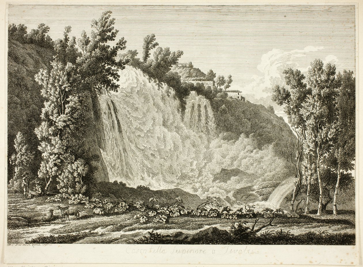 Waterfall Above Tivoli, från Picturesquely Etched Prospects från Italien av Albert Christoph Dies