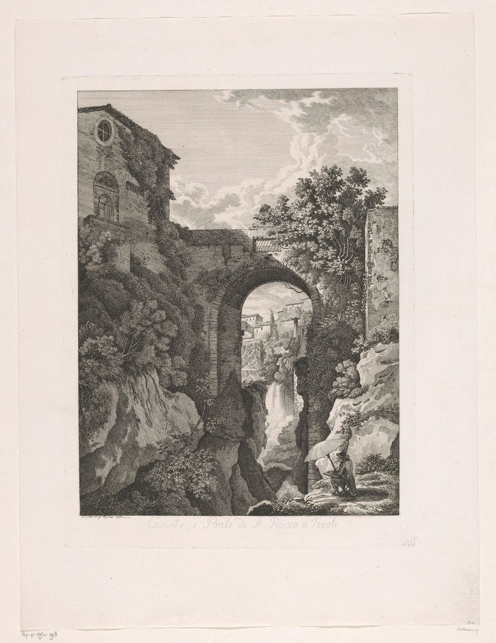 Vattenfall nära San Rocco-bron i Tivoli Cascata, och Ponte di St. Rocco a Tivoli (titel på objekt) Pittoreska etsade broschyrer från Italien (serietitel) av Albert Christoph Dies