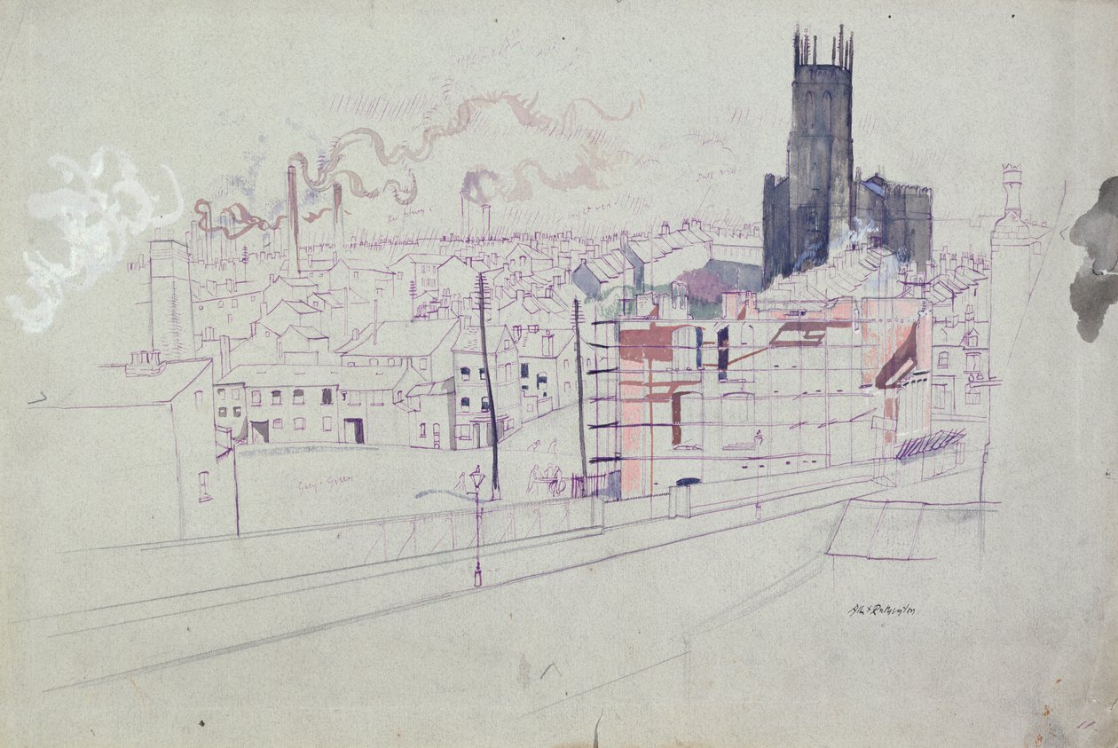 Industrial City (Leeds) (penna  bläck och akvarell på papper) av Albert Daniel Rutherston