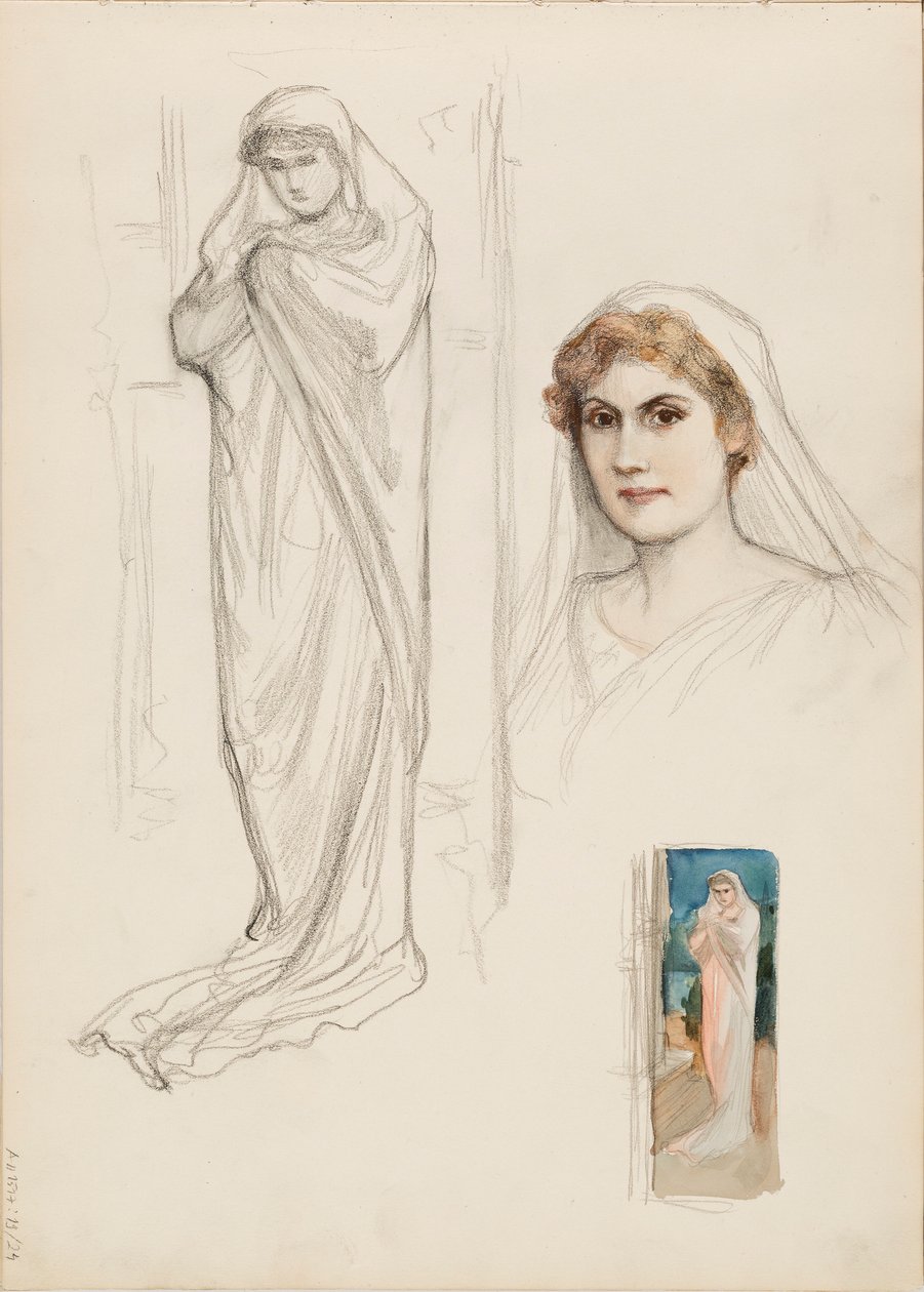 Aino Ackté som Alcestis, skiss av ansiktet och två skisser av hela kroppen av Albert Edelfelt