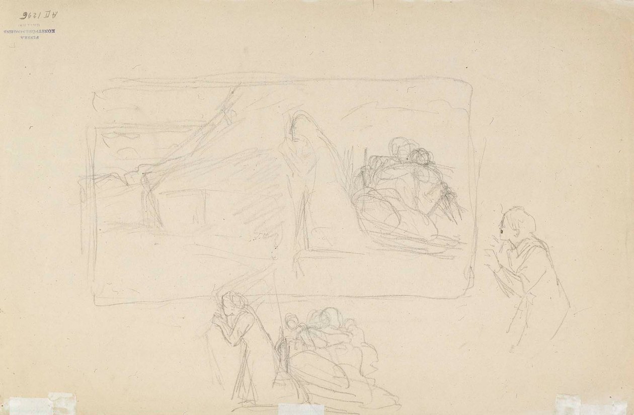Nedbränd by, skiss av Albert Edelfelt