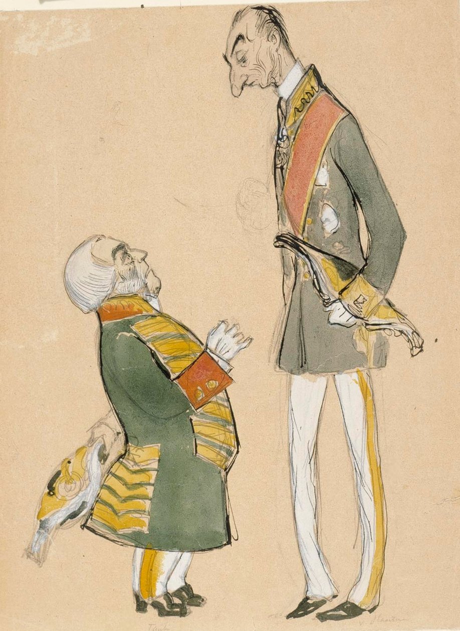Karikatyr av von Haartman, adelns ordförande, och baron Taube av Albert Edelfelt