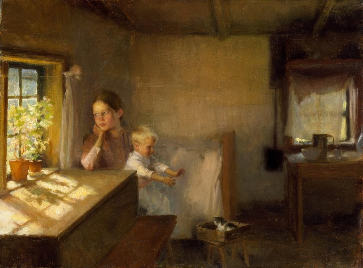 Kvinna med barn i solbelyst interiör av Albert Gustaf Aristides Edelfelt