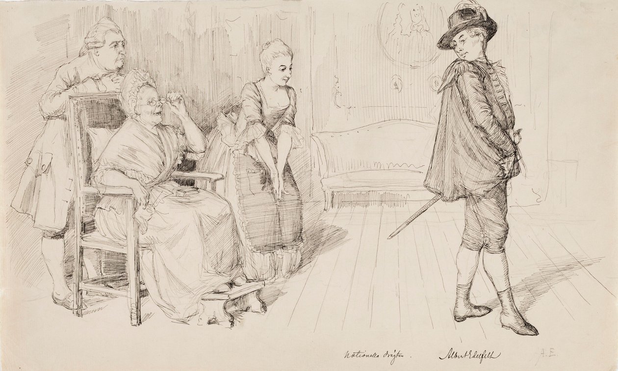 "Den nya svenska dräkten", illustration till Carl Snoilskys Svenska bilder, dikten "Fyrtio år senare" av Albert Edelfelt