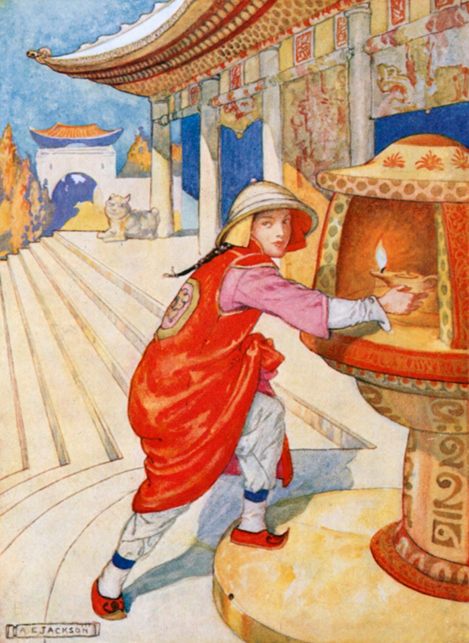 Aladdin går upp för trappan och tar den tända lampan från nischen (färglitografi) av Albert Edward Jackson