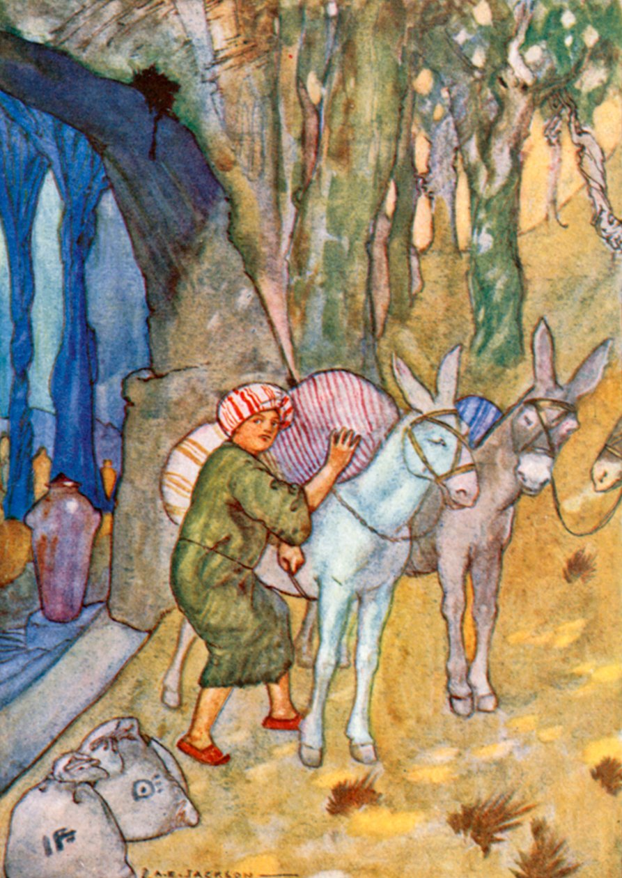 Ali Baba laddade sina rumpor (färglitografi) av Albert Edward Jackson