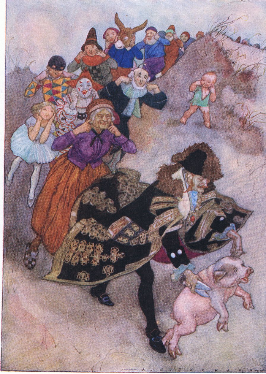 Före dem sprang en gentleman som styrde en gris, från The Water Babies pub. av Humphrey Milford Oxford University Press, ca 1930 (färg litho) av Albert Edward Jackson