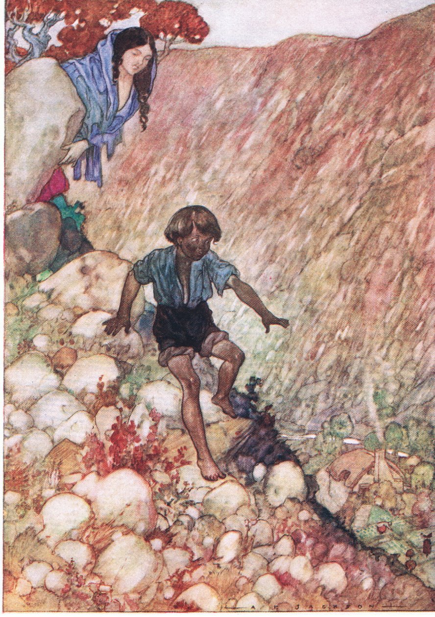 Nedåt gick han som den modige lilla mannen som han var, från The Water Babies pub. av Humphrey Milford Oxford University Press, ca 1930 (färg litho) av Albert Edward Jackson