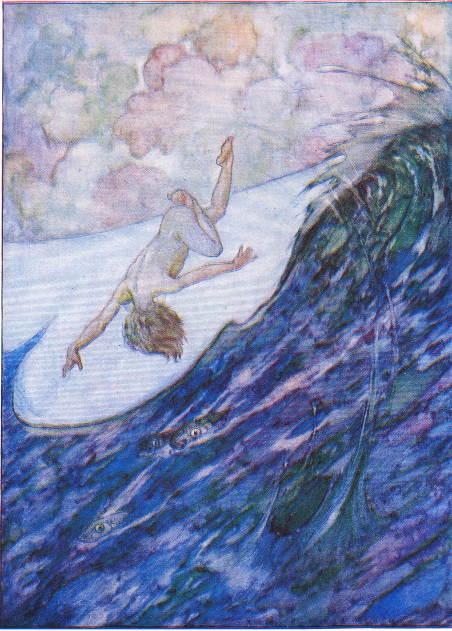 Han gav tre fartyg upp ur vattnet, en yard hög, och pladask, från The Water Babies pub. av Humphrey Milford Oxford University Press, ca 1930 (färg litho) av Albert Edward Jackson