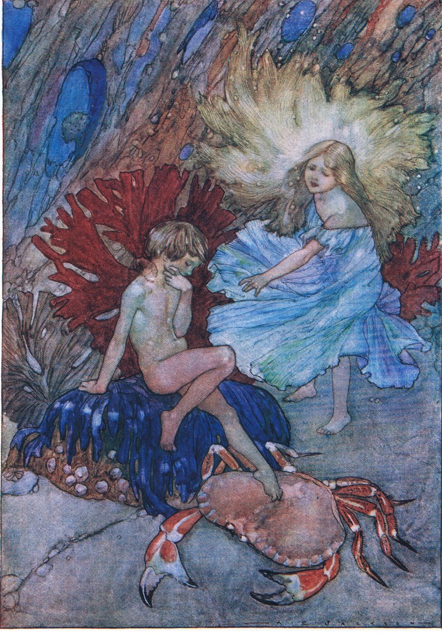 "Nej, peta inte den stackars krabban om Tom", från The Water Babies pub. av Humphrey Milford Oxford University Press, ca 1930 (färg litho) av Albert Edward Jackson