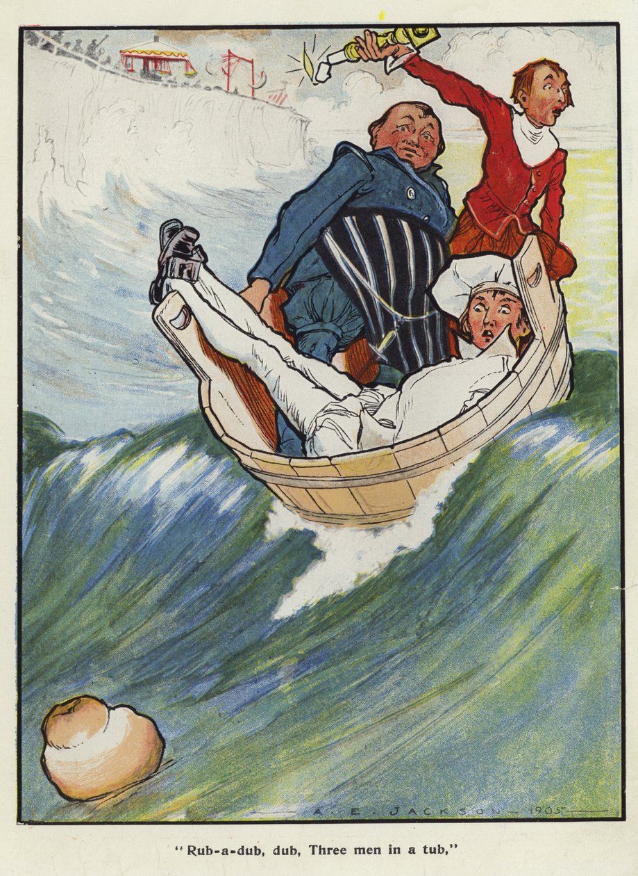 Rub-a-dub, dub, tre män i ett badkar (färglitografi) av Albert Edward Jackson