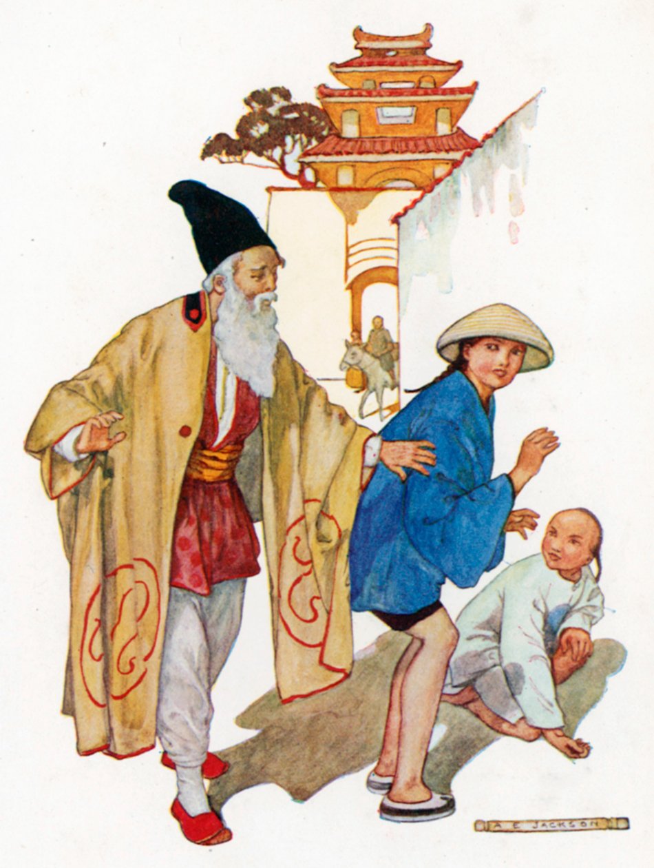 Trollkarlen gick fram till Aladdin och frågade honom om inte hans far hette Mustapha och om ... (färglitografi) av Albert Edward Jackson