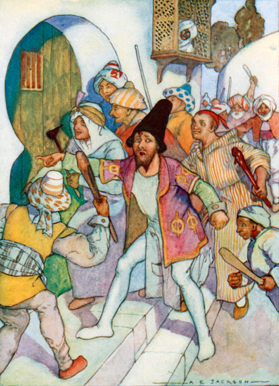 "De knackade på dörren till Cadi" (färglitografi) av Albert Edward Jackson