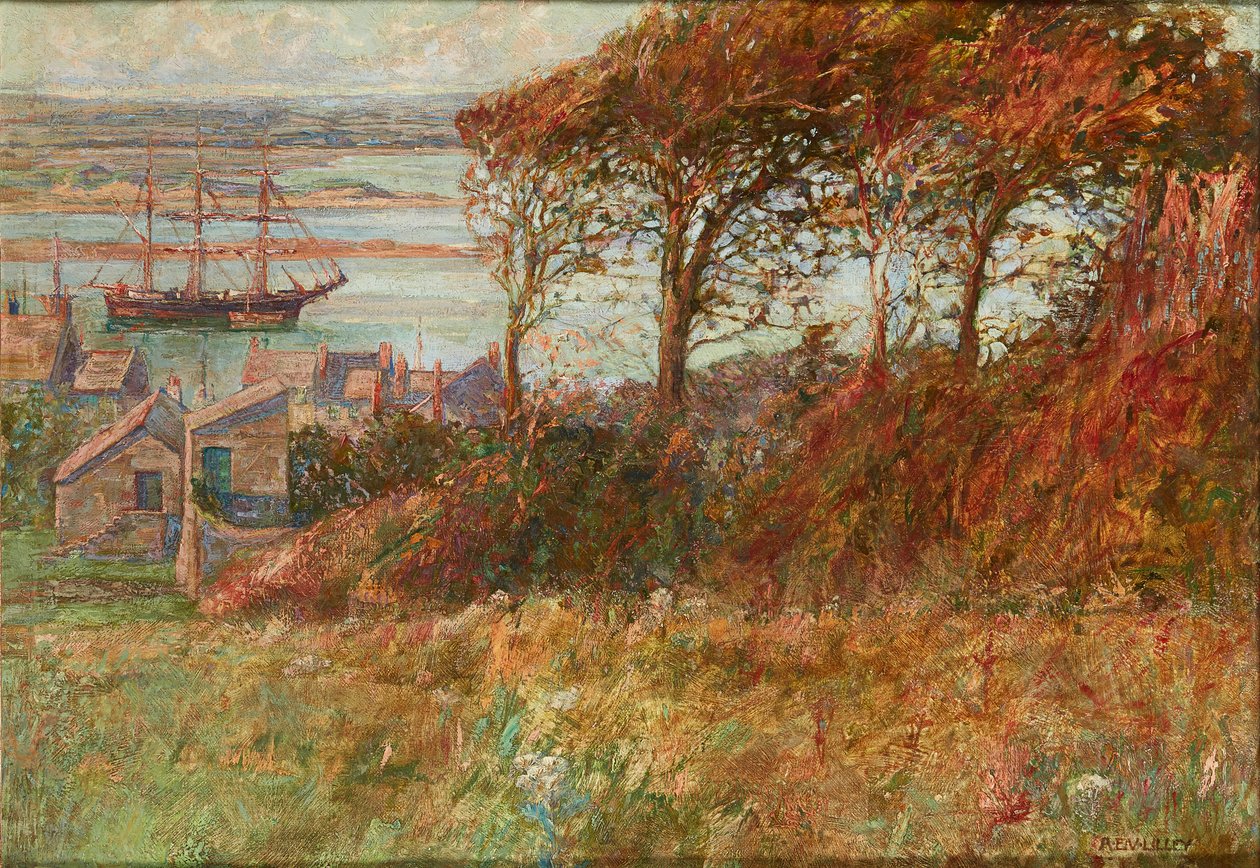 Skogsdunge ovanför hamnen på hösten (olja på duk) av Albert Ernest Victor Lilley