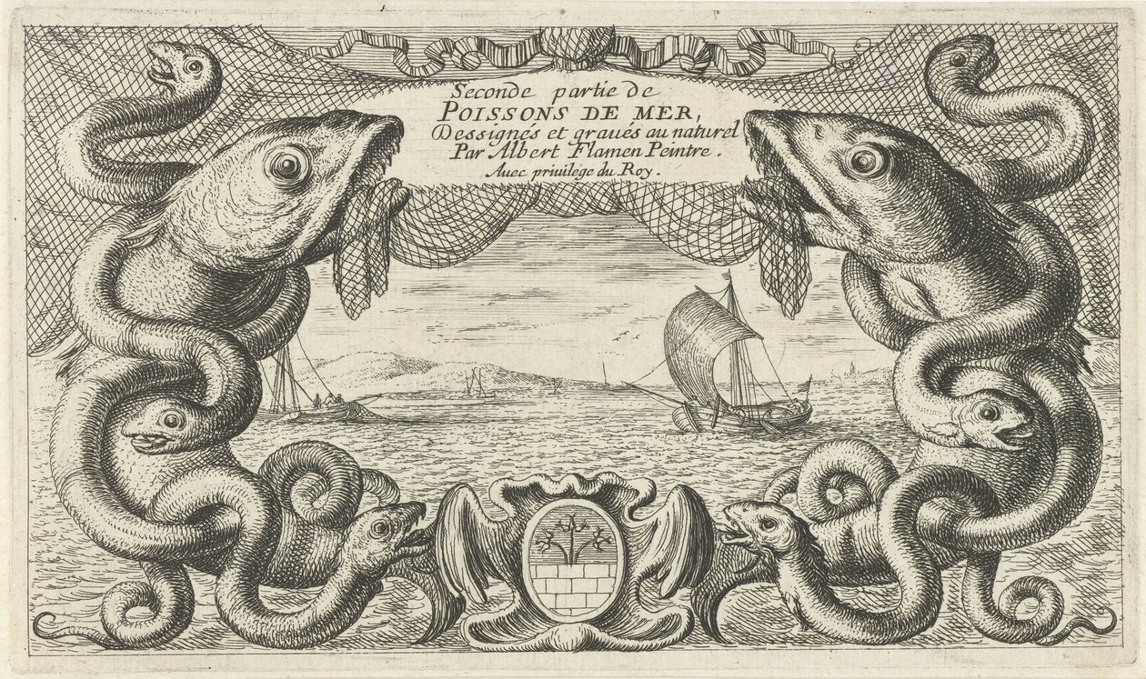 Havslandskap med havsdjurskant och ett fiskenät Fiskar och andra havsdjur - saltvattens andra serie (serietitel) Poissons de mer (serietitel på objekt) av Albert Flamen