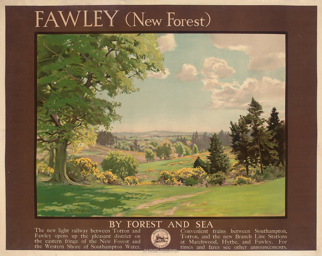 Fawley (New Forest), affisch som annonserar Southern Railway (färg litho) av Albert George Petherbridge