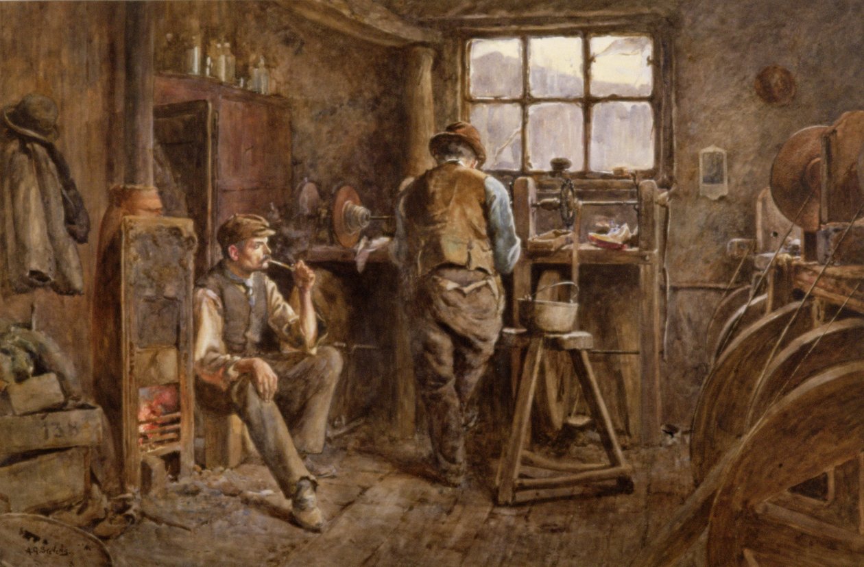 A Jet Workshop, Whitby (akvarell på papper) av Albert George Stevens