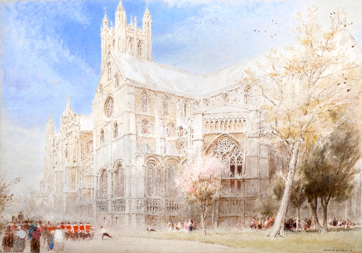 Katedralen i Canterbury. En soldatparad (akvarell med tusch) av Albert Goodwin