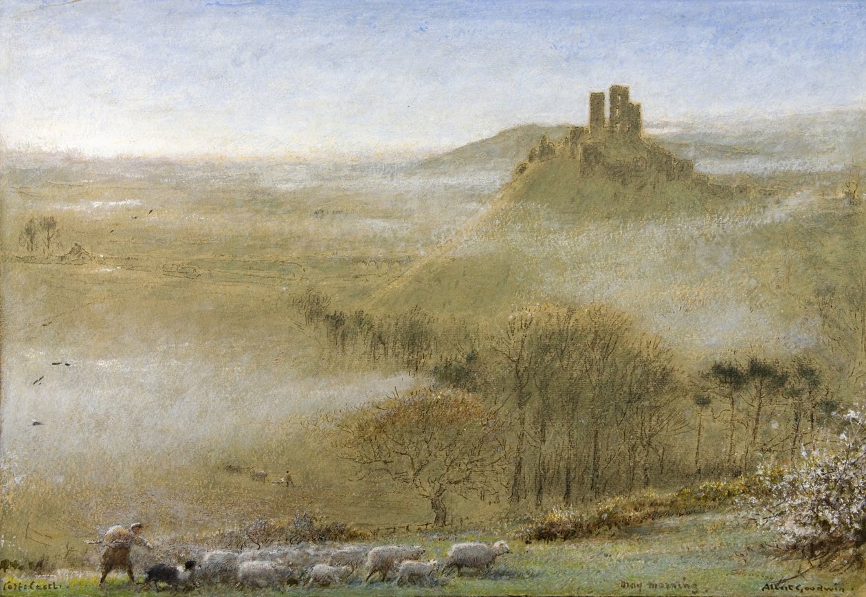 Corfe Castle, majmorgon, c.1860-c.1932 (penna, akvarell, kroppsfärg, penna och bläck på papper) av Albert Goodwin