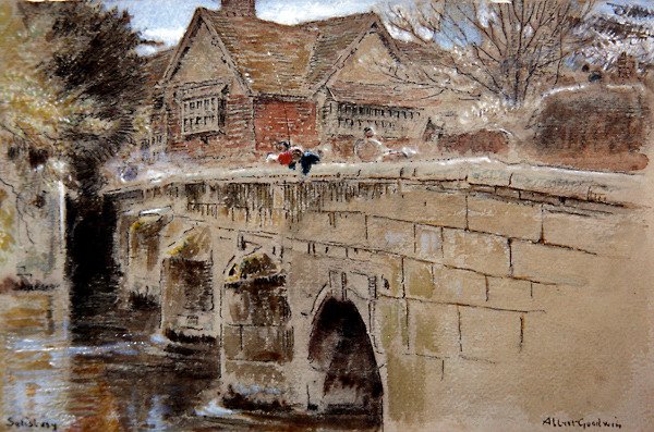 Crane Bridge, Salisbury (penna & bläck med akvarell & kroppsfärg på tonat papper) av Albert Goodwin