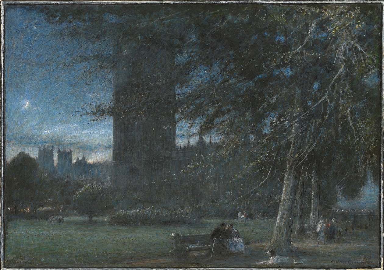Figurer under Westminsterpalatset i skymningen av Albert Goodwin