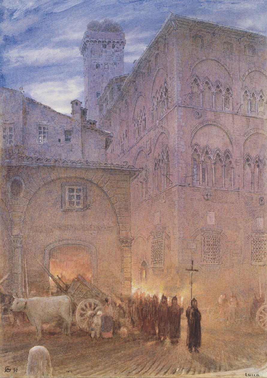 Lucca; Toscana; religiös procession; vagn; ko; av Albert Goodwin