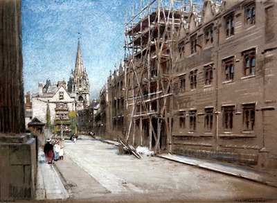 Oriel College, Oxford (akvarell & kroppsfärg på tonat papper) av Albert Goodwin