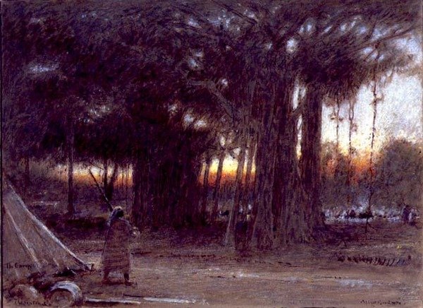 The Banyan Trees and the Sentinel (penna och bläck, akvarell och gouache) av Albert Goodwin