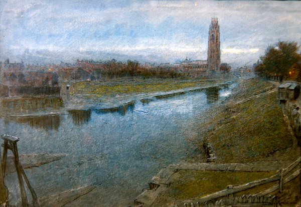Utsikt över Boston, Lincolnshire (penna, penna och bläck och akvarell på papper) av Albert Goodwin