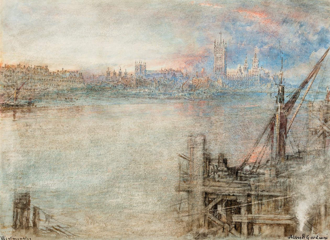 Westminster med Houses of Parliament i solnedgången (penna  svart bläck  akvarell med skrapning på papper) av Albert Goodwin