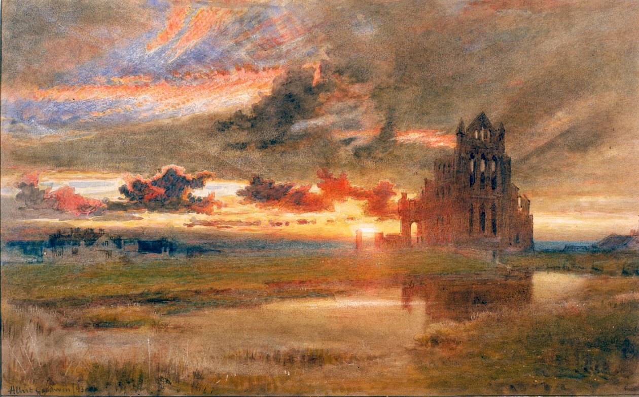 Whitby - St Hildas kloster (penna och akvarell på papper (klistrad på kort)) av Albert Goodwin