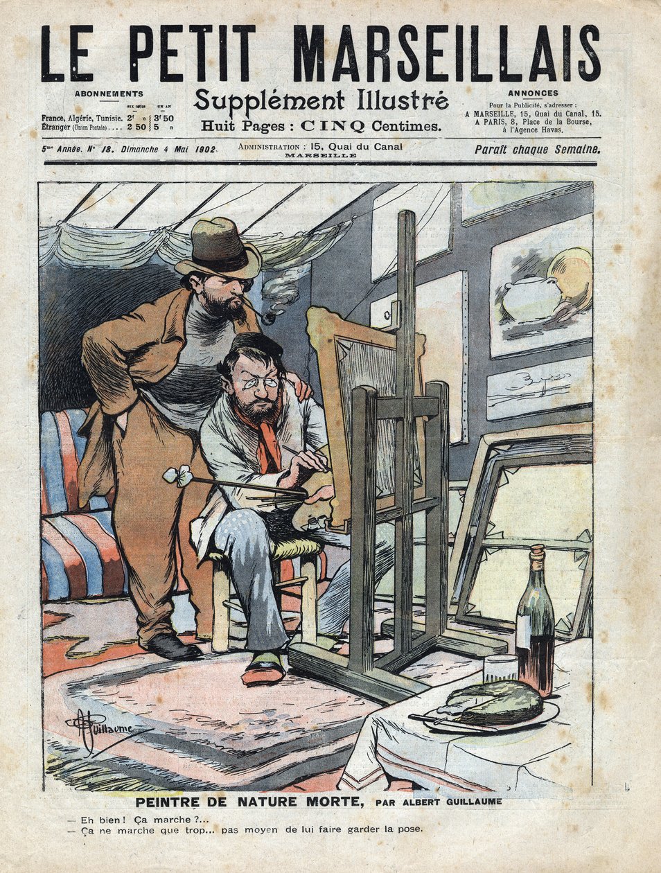 En målare på en vind som målar stilleben, flaskan vin och tårtan som används som modell står inte stilla. Illustration av Albert Guillaume (1873-1942) från "" Le petit Marseillais"" 1902-05-04 av Albert Guillaume