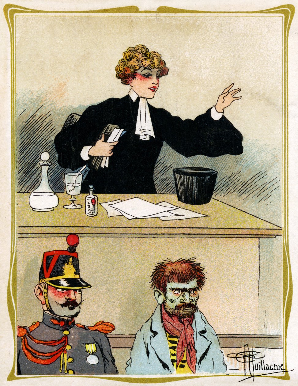 En kvinnlig advokat med ett vackert ansikte vädjar och försvarar sin klient ser tålmodig ut. Reklam, gravyr 1902-1903 av Albert Guillaume